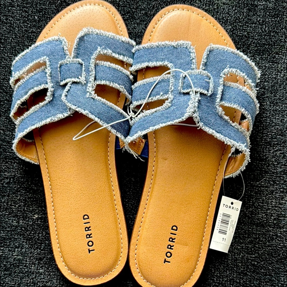 Torrid Blue and Tan Denim Slide Sandals